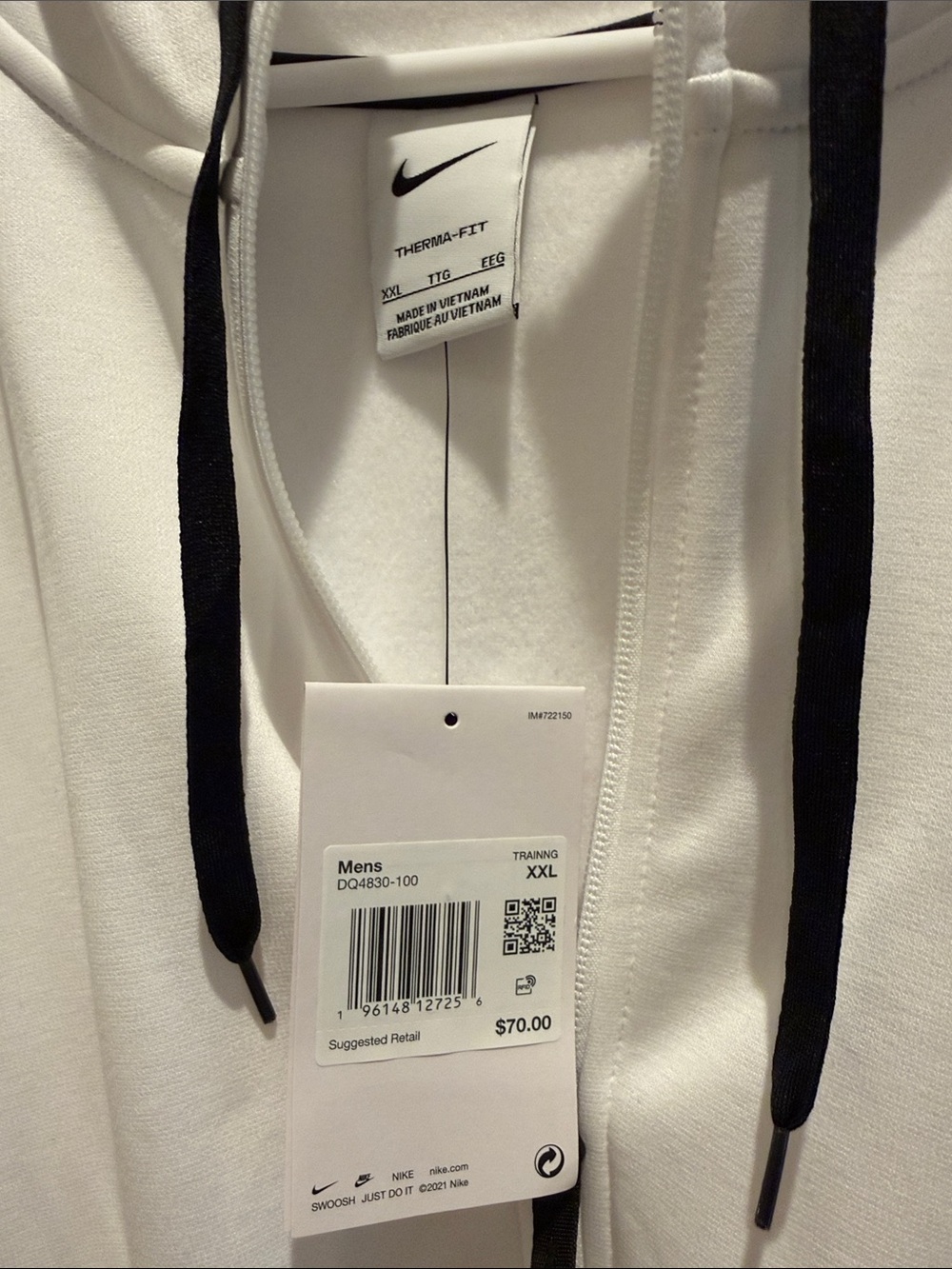 Nike White Full-Zip Hoodie with Black Swoosh and Drawstrings - Picture 3 of 4